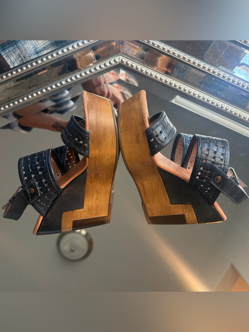 Musse & Cloud Black Woven Leather Platform Wedge Sandals